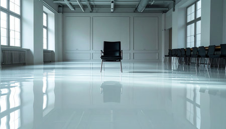 In a vast, light-filled room with a polished floor, a single black chair sits in quiet solitude.の素材