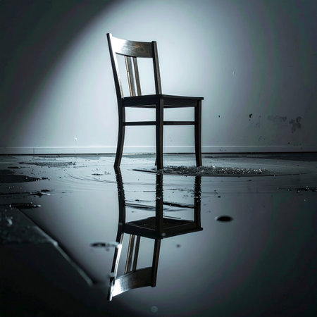 A single empty chair sits under a harsh spotlight in a dark, flooded room. Its reflection shimmers on the wet floor, creating a powerful and moody scene of solitude, mystery, and waiting.の素材