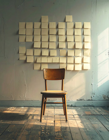 In a quiet, sunlit room, a solitary wooden chair sits empty before a wall covered in blank sticky notes.の素材
