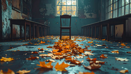 In the heart of a long-forgotten room, a solitary chair stands as a silent witness to the passage of time.の素材