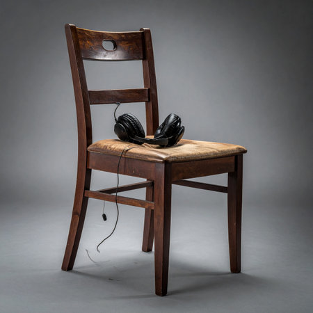 A pair of headphones rests on an empty wooden chair, bathed in a soft spotlight against a simple background.の素材