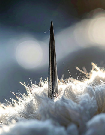 In an extreme macro view, the cold, precise tip of a steel needle breaks through a soft, white fibrous surface.の素材