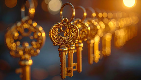 A row of ornate, vintage keys hangs in the warm, glowing light, each one a potential answer to a hidden question.の素材
