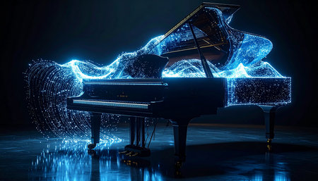 In a dark, reflective space, a grand piano becomes a conduit for pure musical power.の素材