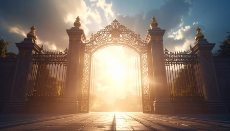 The magnificent gates of paradise swing open, casting a warm, golden glow that promises a new beginning.の素材