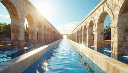 Sunlight streams over the magnificent arches of an ancient Roman aqueduct, illuminating the clear blue water that flows endlessly through its channel.の素材