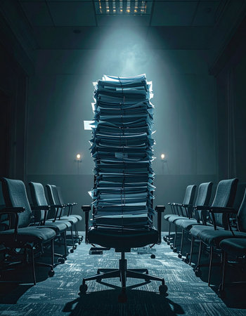 In a silent, empty boardroom, a single spotlight reveals the true protagonist: an impossible tower of paperwork.の素材
