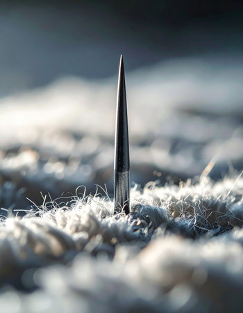 A macro perspective reveals the sharp point of a needle standing erect in a sea of soft, white fibers.の素材