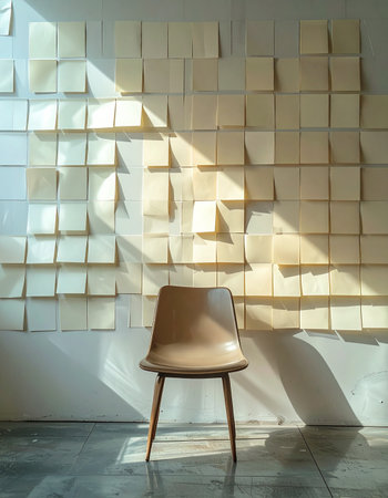 In a quiet room, a single chair waits patiently under a cascade of morning light. The wall behind, a mosaic of countless ideas and plans on sticky notes, holds the potential of what's to come.の素材
