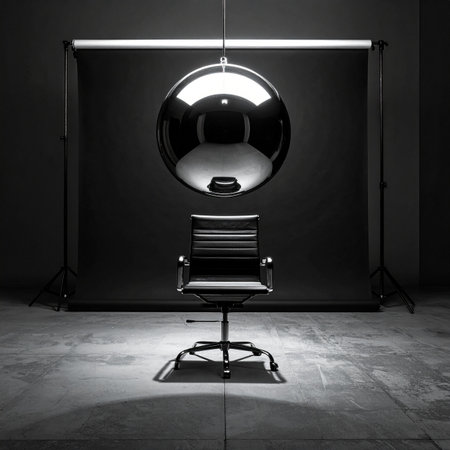 In a stark, minimalist space, an empty chair sits under the watchful gaze of a large, reflective orb.の素材