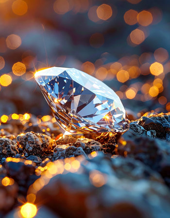 A magnificent, brilliantly cut diamond rests upon a bed of rough, dark earth, its facets catching the light in a dazzling display.の素材