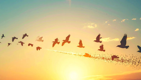 A flock of birds takes flight in unison, their silhouettes gracefully soaring against the warm, golden glow of a sunrise.の素材