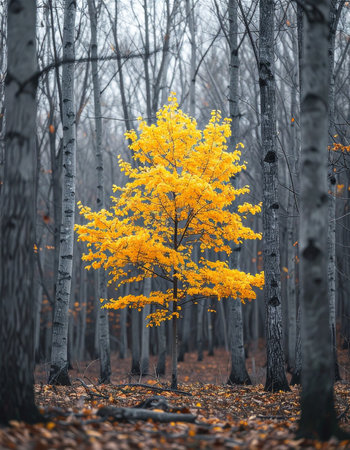 In a quiet, muted forest where autumn has stripped the trees bare, one small tree holds onto its brilliant golden leaves.の素材