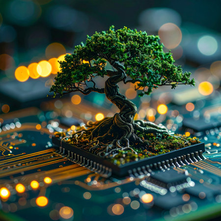 In a world of glowing data streams and complex circuits, a single bonsai tree finds its roots in the heart of a processor.の素材
