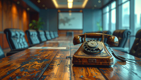 In the quiet of a modern, high-rise boardroom, a vintage rotary phone sits as the sole occupant on a long wooden table.の素材