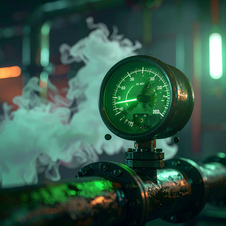 In the heart of a complex machine, a glowing green pressure gauge monitors critical levels.の素材