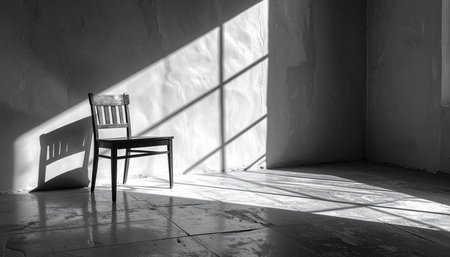 A lone wooden chair sits in a stark, empty room, bathed in the dramatic light pouring from a window.の素材