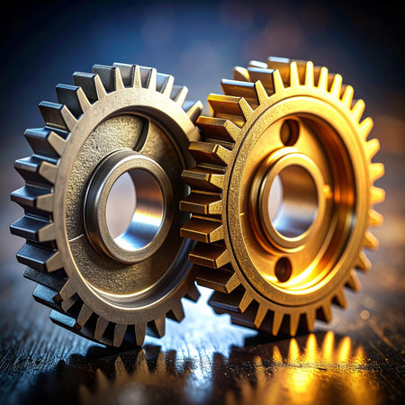Two precision-engineered metal gears, one of gleaming gold and the other of sturdy steel, mesh together perfectly.の素材