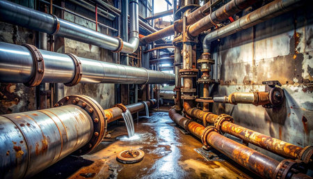 In the dimly lit underbelly of an old factory, a critical failure occurs. Water gushes from a corroded pipe joint, flooding the floor and highlighting the urgent need for maintenance.の素材