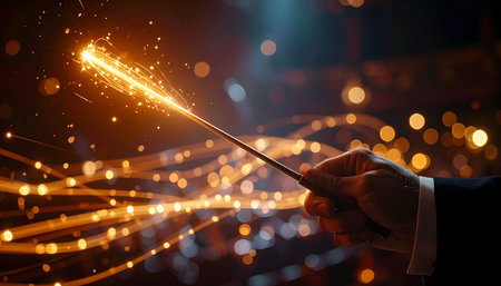 A magician's hand holds a glowing wand, casting a spell that weaves trails of golden light and sparkling energy through the air.の素材