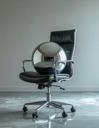 In a minimalist office space, a large, reflective chrome sphere occupies a modern executive chair.の素材