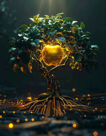 In a digital forest where data flows like rivers, a single tree of knowledge bears a glowing golden apple.の素材