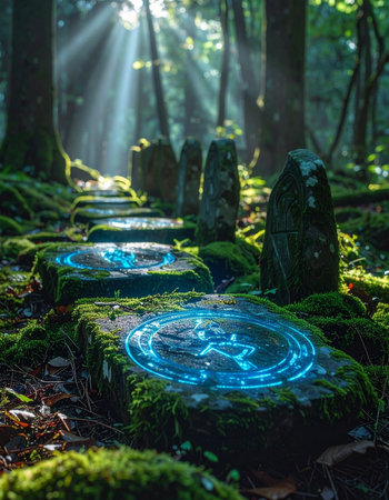 Sunbeams pierce the dense canopy of an ancient forest, illuminating a forgotten path of moss-covered stones.の素材
