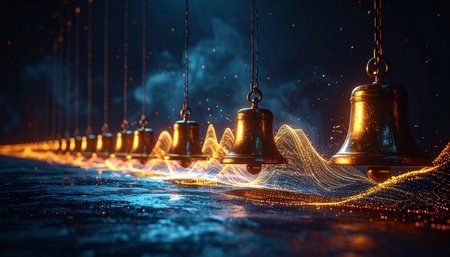 In a realm where time and space converge, a line of sacred golden bells hangs suspended, resonating with the universe's primordial energy.の素材