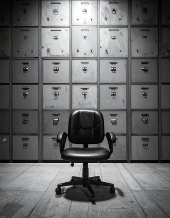 An empty office chair is illuminated by a single spotlight in a dark, monochrome room, creating a dramatic and mysterious atmosphere.の素材