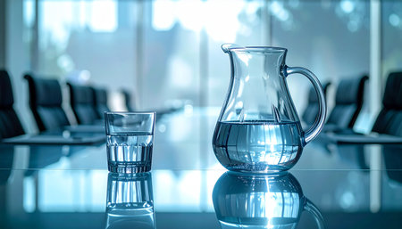 A glass pitcher and drinking glass sit on a polished, reflective table in an empty boardroom, awaiting the start of a crucial corporate meeting.の素材