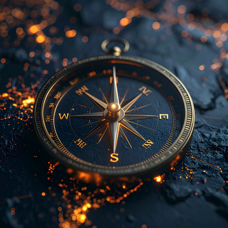 A classic brass compass rests upon a dark, topographical world map illuminated by the glowing lights of interconnected cities.の素材