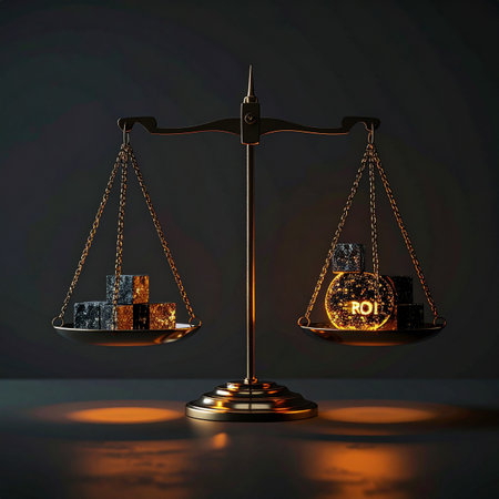 In a dramatic play of light and shadow, a classic balance scale tips decisively, showcasing the power of a strong Return on Investment.の素材