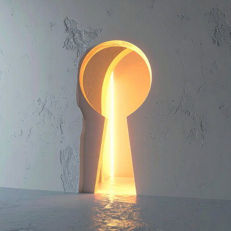 A brilliant, warm light streams through a keyhole, casting a golden reflection on the floor.の素材