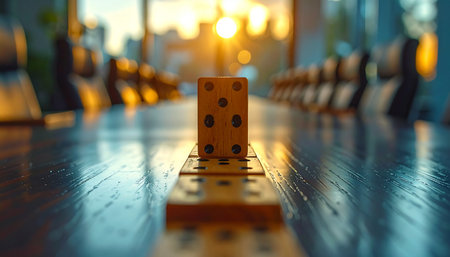 In the warm glow of a setting sun, a single domino stands ready, poised to begin a chain reaction.の素材