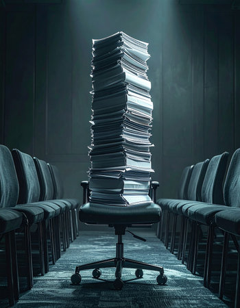 In a dark, empty auditorium under a dramatic spotlight, a single office chair bears the immense weight of a towering stack of documents.の素材