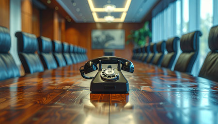 An old-fashioned rotary telephone sits alone at the head of a long, polished conference table in a modern boardroom.の素材
