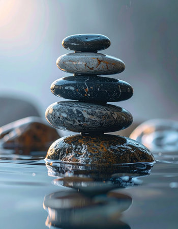 A tower of smooth, wet stones stands in perfect equilibrium amidst still, reflective water.の素材
