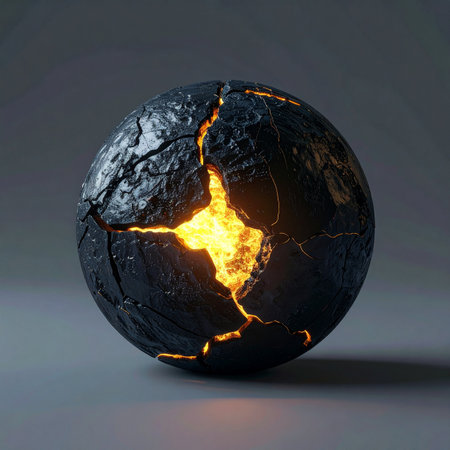 An immense power builds within a dark, rocky sphere, cracking its surface as a molten core of pure energy glows from the fissures.の素材