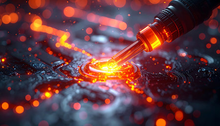 In a glimpse of the future of manufacturing, a high-energy laser beam meticulously cuts through a complex metallic surface.の素材