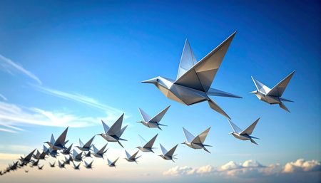 A large origami bird leads a flock of smaller paper birds in a V-formation, soaring through a vast blue sky.の素材
