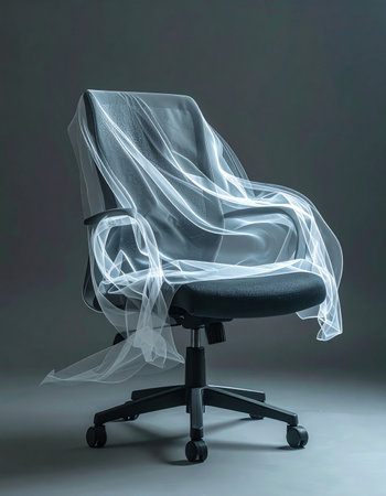 An empty office chair sits covered in a translucent sheet, a silent testament to a closed chapter.の素材