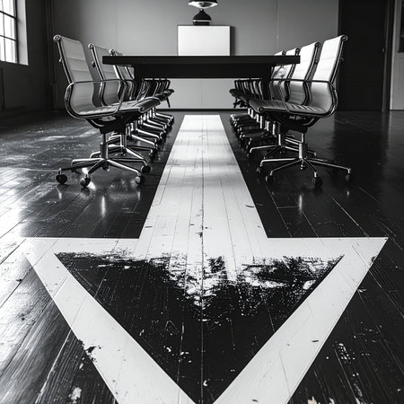 In a stark, empty boardroom, a bold arrow painted on the floor points the way. This powerful symbol represents a clear direction, a crucial decision made, or the path forward for a business.の素材