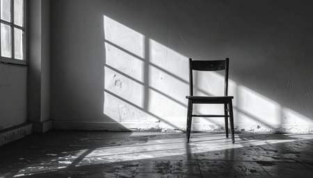 In a quiet, empty room, a single wooden chair sits in a stark patch of sunlight, its long shadow stretching across the floor.の素材