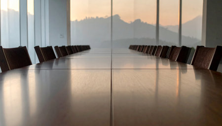 An empty executive boardroom awaits a pivotal meeting.の素材