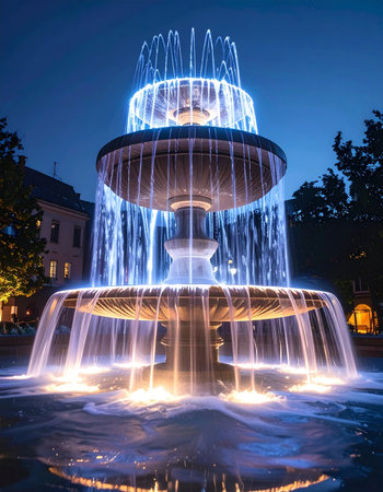 A majestic multi-tiered fountain comes to life at dusk, its cascading waters illuminated by a serene blue and warm white glow.の素材