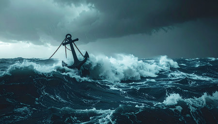 An anchor, a symbol of stability, is violently tossed by the immense power of a raging sea under a dark, stormy sky.の素材