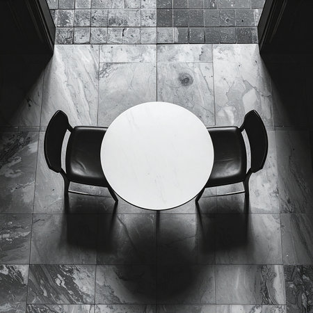 A high-angle, monochrome view captures the stark symmetry of a round table and two chairs.の素材