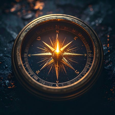 In the deepening twilight, an antique brass compass lies on the rugged ground, its needle glowing with a mysterious, warm light.の素材