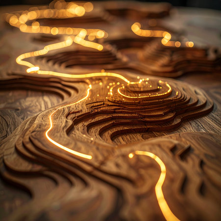 Luminous streams of data flow like a river of light through the intricate valleys of a wooden topographic map.の素材