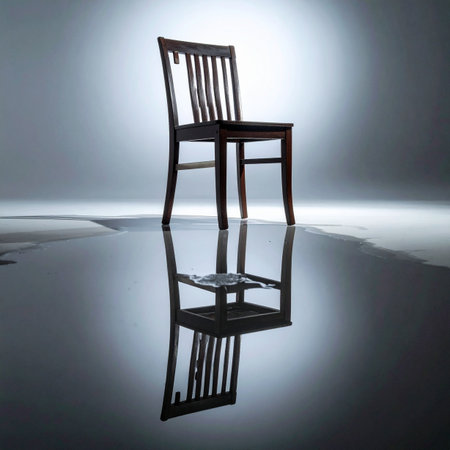 A single, dark wooden chair stands alone under a dramatic spotlight. Its perfect reflection on the glossy floor doubles the sense of isolation and anticipation.の素材